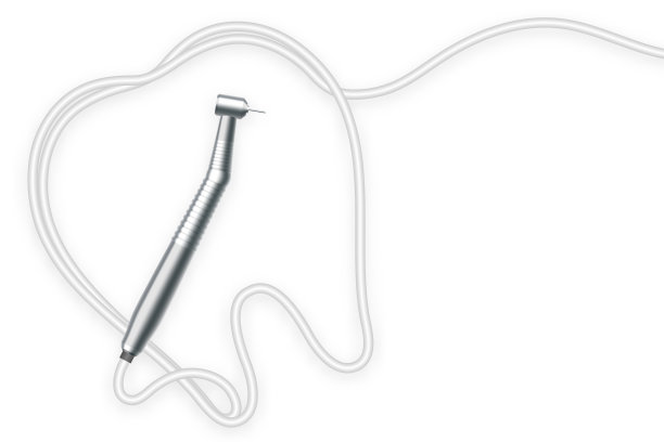 牙科手机设备和牙形架由电缆制成，插图3D虚拟设计隔离在白色背景上，有复制空间图片下载
