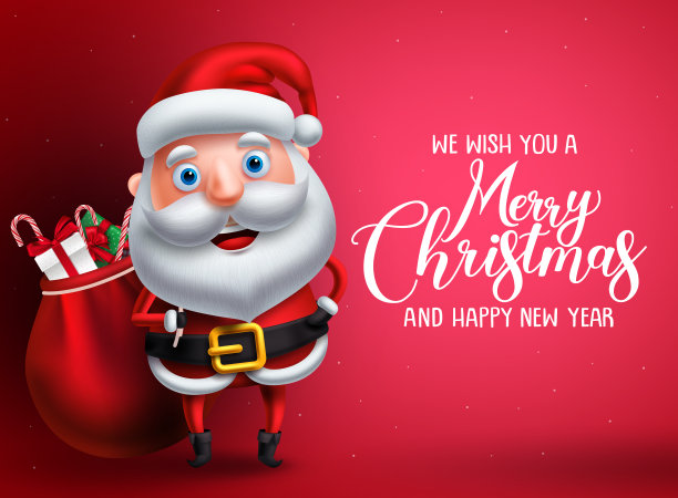 圣诞老人矢量字符与圣诞祝福文字在红色的背景图片下载