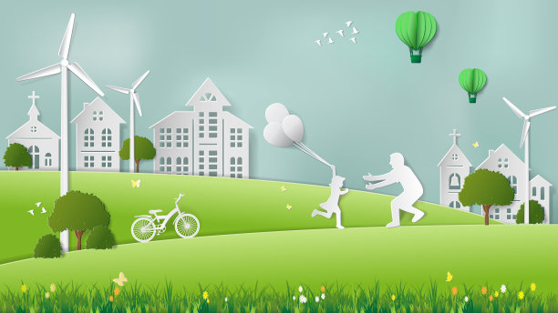 绿色可再生能源生态技术节能环保理念，女儿跑到父亲满是风力涡轮机的草地上图片下载