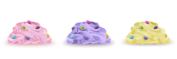 鲜奶油套装冰淇淋，酸奶，纸杯蛋糕，蛋糕与彩色逼真的珍珠糖衣。详细的3d插图孤立在白色上。网页或印刷包装的设计元素。向量图片下载