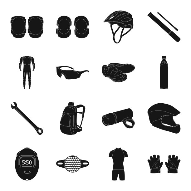 自行车装备黑色图标集设计。自行车和工具矢量符号股票网络插图。图片下载