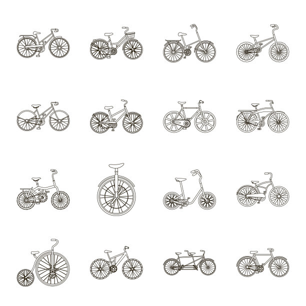 各种自行车轮廓图标在集合设计。运输矢量符号股票网络插图的类型。图片下载