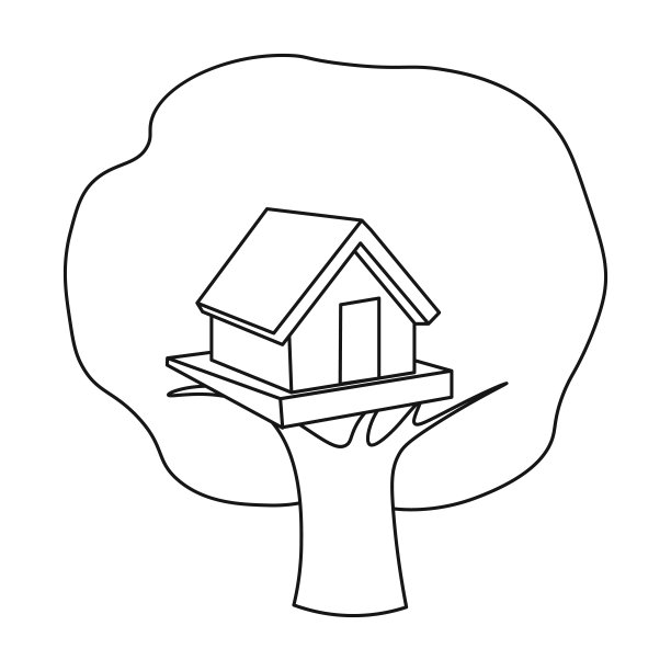 树屋图标在轮廓风格孤立的白色背景。玩花园符号股票矢量插图。图片下载