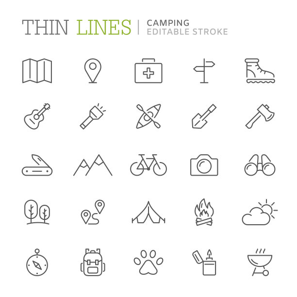 露营相关的系列图标。可编辑的中风图片下载