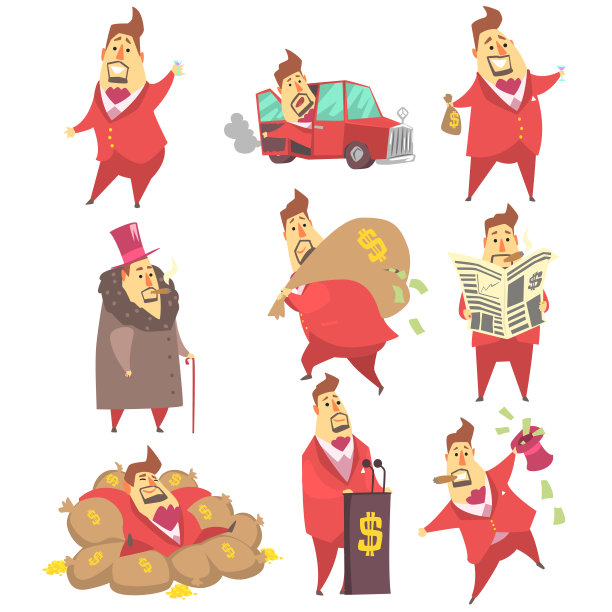 百万富翁，有趣的卡通人物和他的金钱设置的生活方式情况图片下载