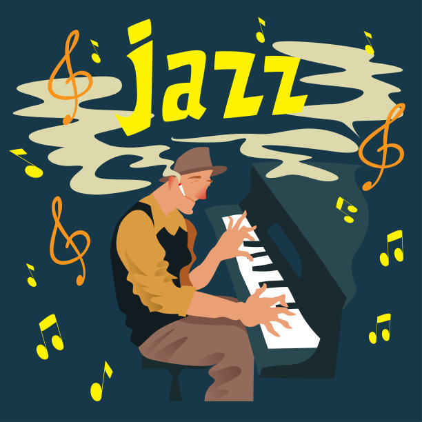 明亮的贺卡。海报与音乐家。男人会弹钢琴。爵士键盘手。矢量插图。图片下载