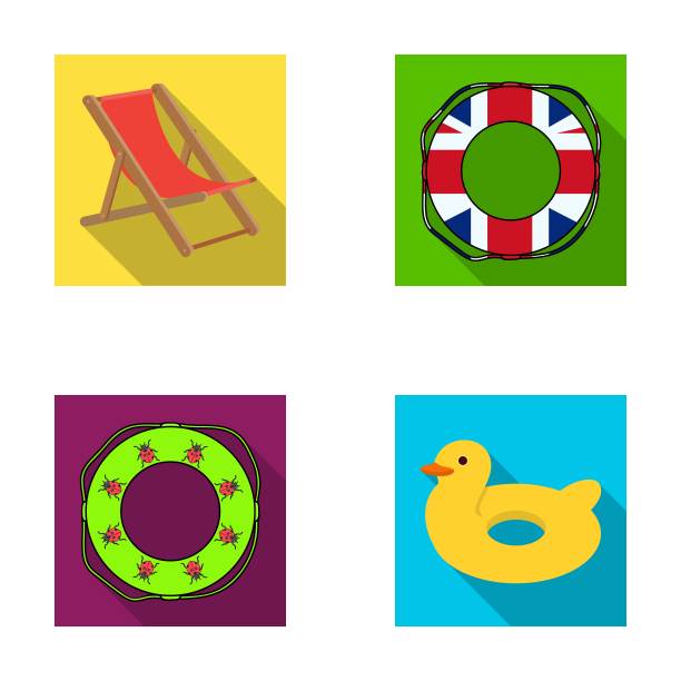 多色游泳圈平面图标集设计。不同的救生圈矢量符号股票网络插图。图片下载
