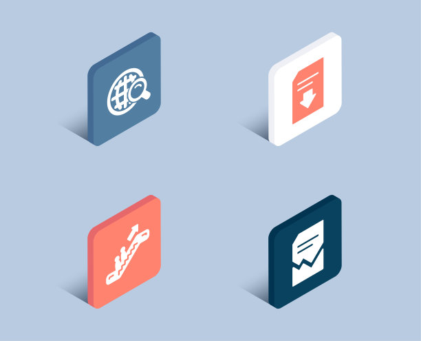 互联网搜索，自动扶梯和下载文件图标。损坏的文件签署。Web finder, Elevator, Load document。图片下载