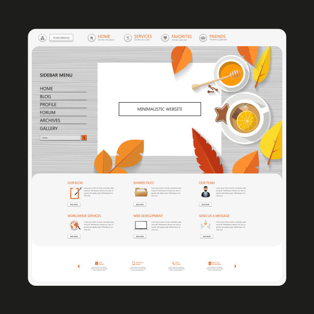 秋季一页网站模板与平顶视图设计工作场所和橙色的秋季树叶。图片下载