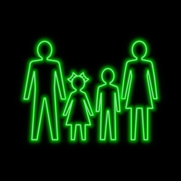 一个男人，一个女人，一个男孩和一个女孩。家庭概念霓虹招牌。黑色背景上明亮的发光符号。图片下载