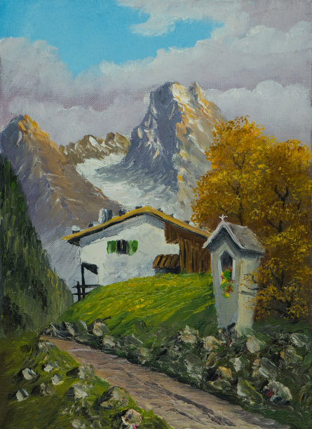 路旁神龛旁的路通往山上的一所房子图片下载