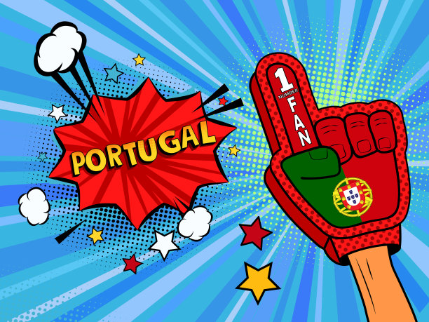 体育迷男性手手套举起庆祝葡萄牙国旗的胜利。葡萄牙语泡沫的星星和云。矢量彩色扇形插画图片下载