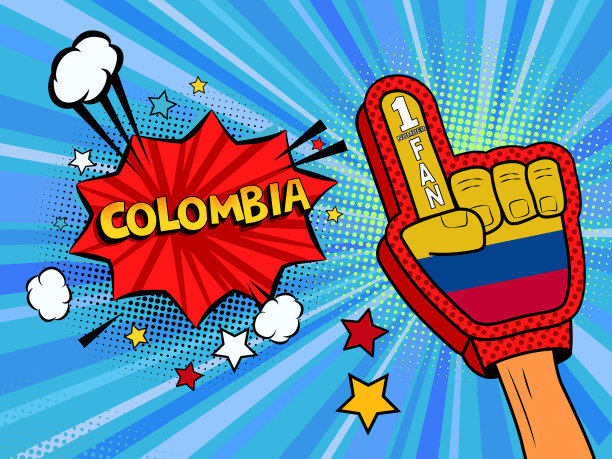 体育迷男性手戴手套举起庆祝哥伦比亚国旗的胜利。哥伦比亚的演讲气泡与星星和云。矢量彩色扇形插画图片下载