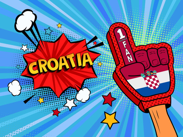 体育迷男性手戴手套举起庆祝克罗地亚国旗获胜。克罗地亚的演讲泡泡里满是星星和云彩。矢量彩色扇形插画图片下载