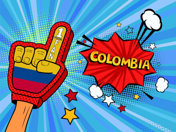 一名体育迷手拿国旗手套举起庆祝胜利的男子和哥伦比亚演讲泡泡里的星星和云朵。彩色插图在复古漫画风格图片下载