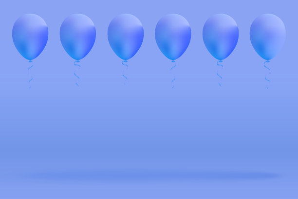 一套现实垫氦气球漂浮在蓝色的背景。矢量3D气球的生日，派对，婚礼或推广横幅或海报。色彩柔和的生动插图。图片下载