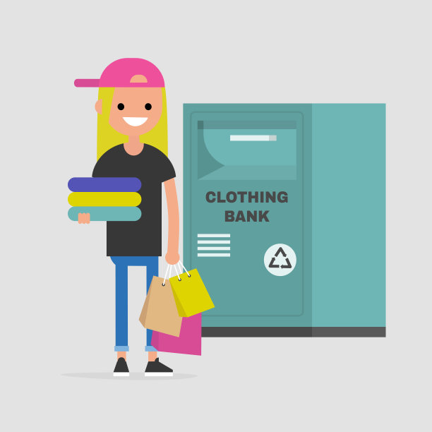 少年人物抱着一堆旧衣服。服装的银行。回收利用。容器。捐赠。平面可编辑矢量插图，剪辑艺术图片下载