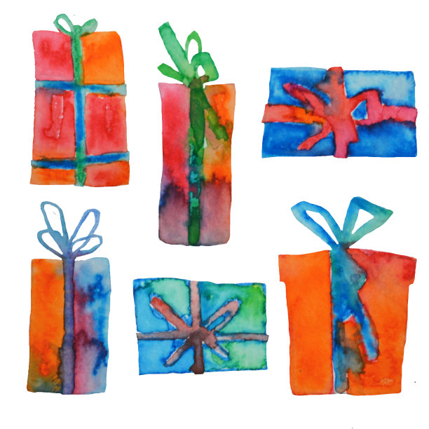 水彩圣诞套装礼品盒，孤立在白色背景。水彩艺术。光栅的版本。图片下载