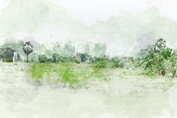 色彩丰富的树木和田野景观以水彩画为背景。图片下载