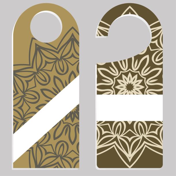 吊架打孔。空茅屋与花卉曼荼罗装饰。矢量插图。酒店门口挂吊牌招牌。图片下载