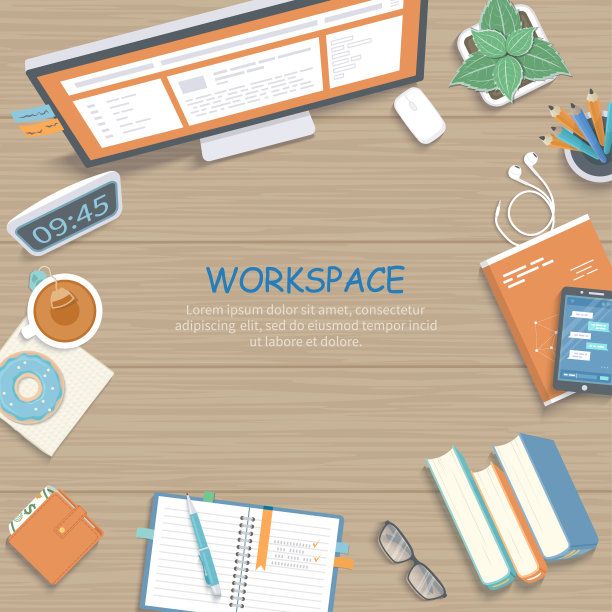木桌上有显示器，书，笔记本，耳机，铅笔，眼镜，电话，茶，甜甜圈。工作环境背景俯视图。图片下载