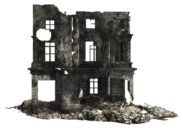 废墟建筑孤立的白色3D插图图片下载