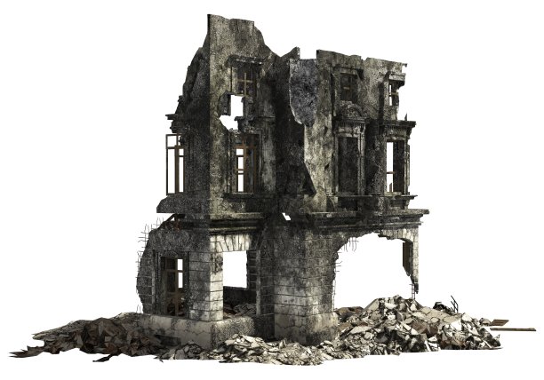 废墟建筑孤立的白色3D插图图片下载