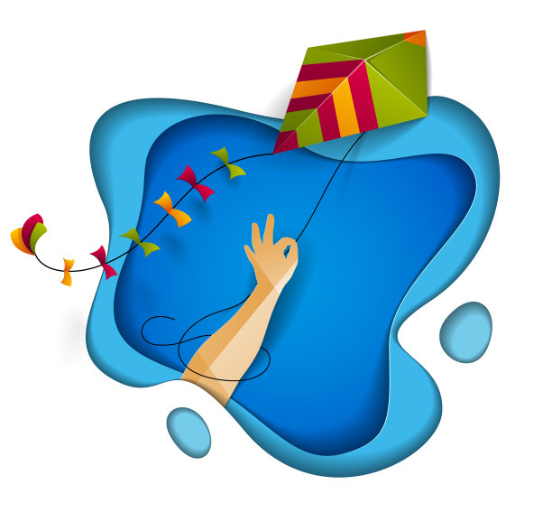 手握风筝上方抽象的曲线形状的蓝色图层天空，自由和轻松的情感概念，向量现代风格剪纸三维插图。图片下载