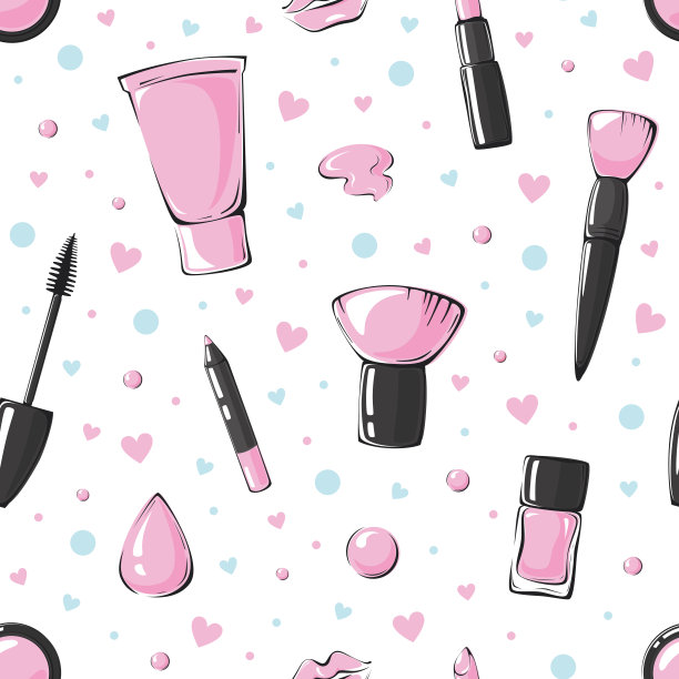 矢量无缝模式与嘴唇，口红，腮红，化妆刷，粉底，海绵，睫毛膏，指甲油，唇笔，心形和圆圈图片下载