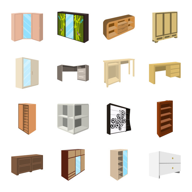 卧室家具卡通图标集设计。现代木制家具等距矢量符号股票网络插图。图片下载