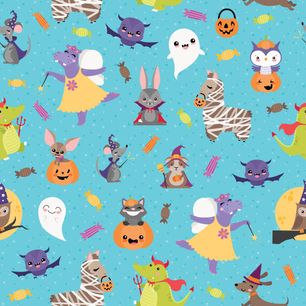 矢量蓝色万圣节朋友无缝模式背景图片下载