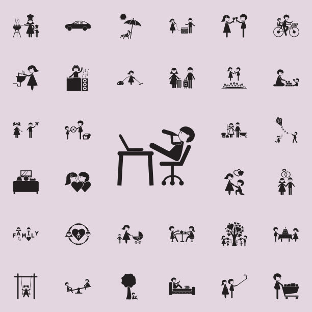 年轻人在电脑前。家庭图标普遍设置为网络和移动图片下载