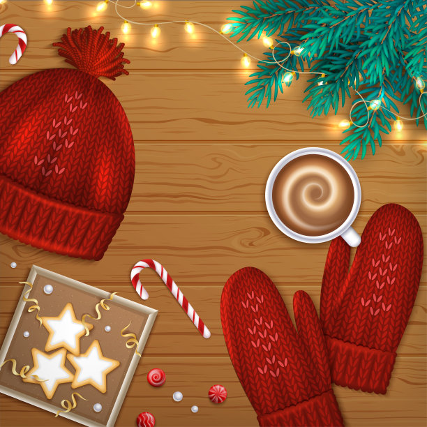 圣诞快乐，新年祝福背景。冬天的元素冷杉树枝，编织的红帽子，手套，咖啡杯，饼干，糖果，花环，丝带在木桌上。图片下载