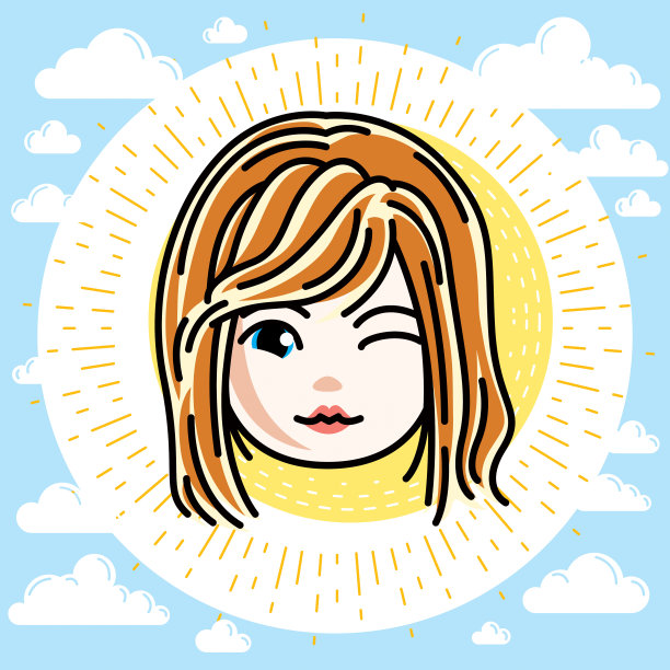 漂亮的红头发的快乐女孩脸的矢量插图，正面的面部特征，剪贴画。少年眨眼。图片下载