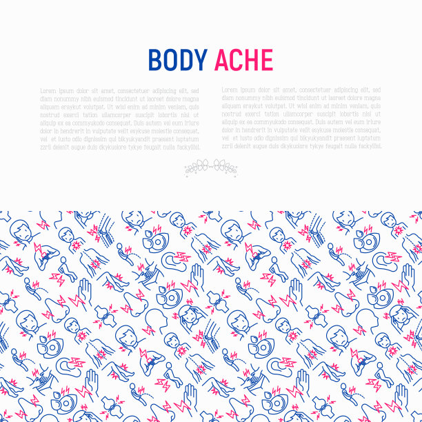 身体疼痛概念与细线图标:偏头痛，牙痛，眼痛，耳痛，鼻痛，排尿时，胸痛，月经，关节，关节炎，风湿。矢量插图的旗帜，印刷媒体。图片下载