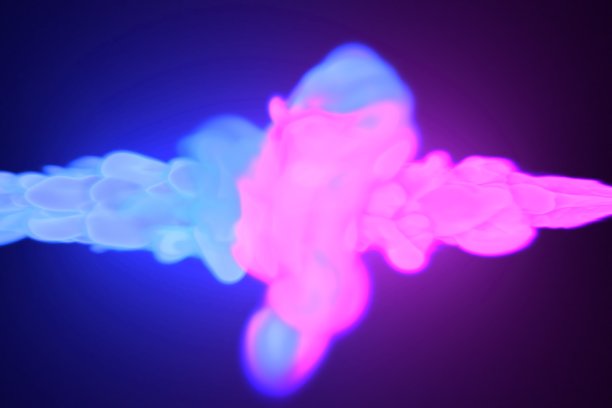 碰撞的两个霓虹灯颜色烟青色和紫罗兰在复古迪斯科风格。插画设计的未来色彩爆炸。抽象发光墨水在黑暗的背景。图片下载