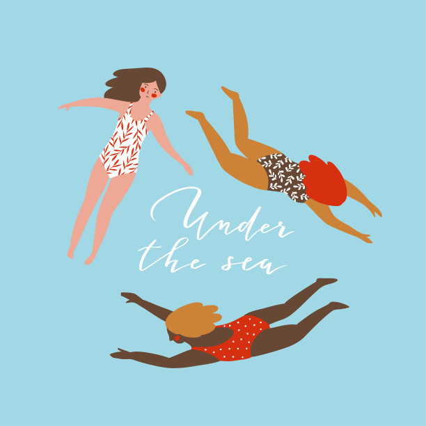 一组穿着泳装的不同国籍的年轻女孩。可爱的矢量插图在手绘风格。印有“海底”字样的游泳t恤图案。图片下载