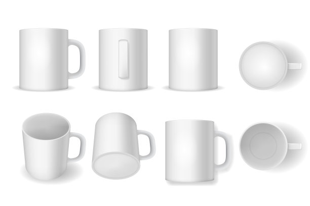 逼真详细的3d白空白杯模板模型集。向量图片下载