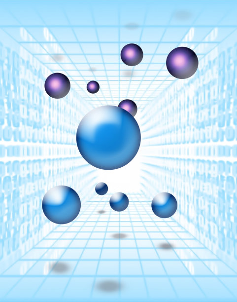 一个不同颜色和大小的球沿着走廊的3D插图。图片下载