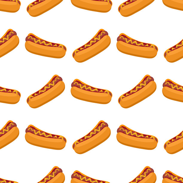 热狗配香肠、番茄酱和芥末酱无缝图案快餐美式晚餐矢量插画图片下载