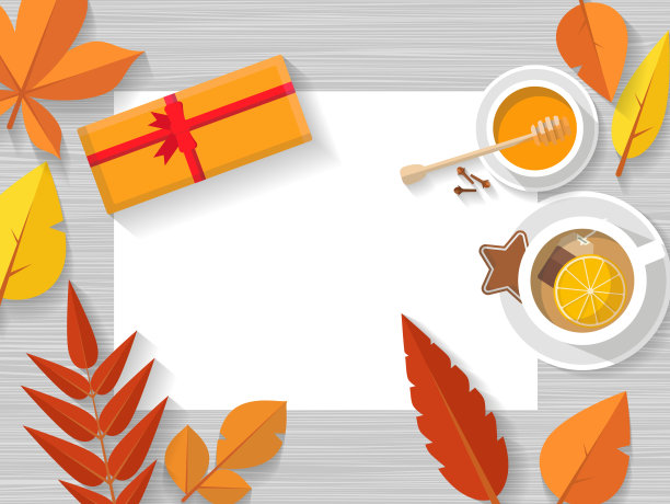 矢量俯视图的秋天静物。叶子，再配上一杯热茶加橘子皮和蜂蜜。图片下载