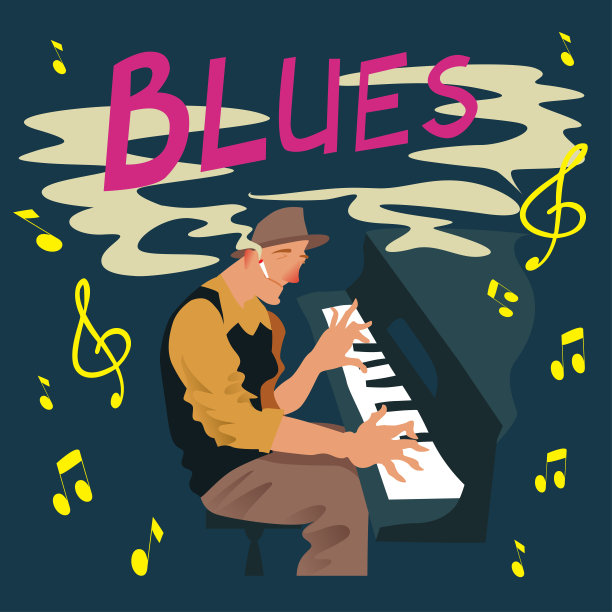 明亮的贺卡。海报与音乐家。男人会弹钢琴。蓝调键盘手。矢量插图。图片下载