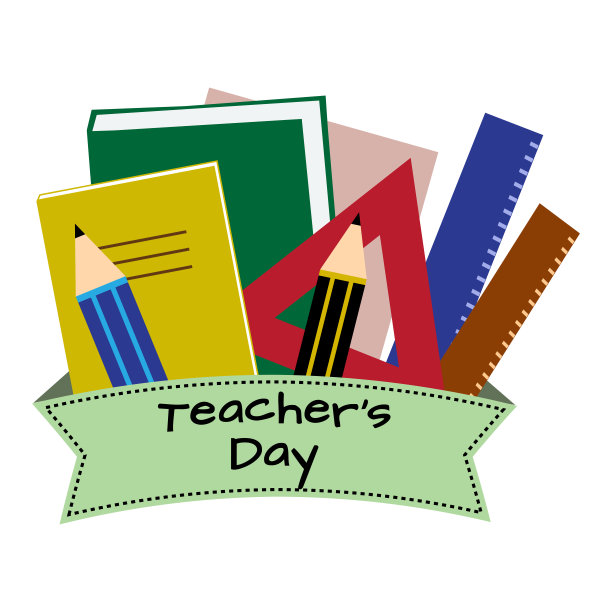 学校用品和丝带与文字教师节。矢量图图片下载