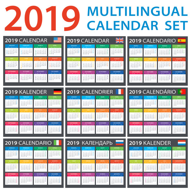 日历2019集-英语，美国，西班牙语，德语，葡萄牙语，法语，意大利语，俄罗斯，荷兰图片下载