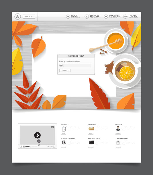 秋季一页网站模板与平顶视图设计工作场所和橙色的秋季树叶。图片下载