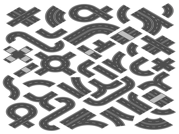 等距道路或高速公路。直线，弯曲和交叉城市街道道路元素的旅程地图矢量插图集素材图片