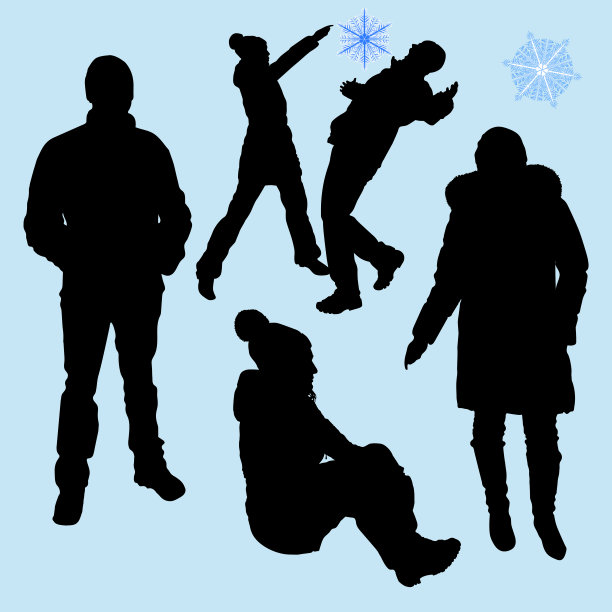 矢量孤立的剪影，一群人在冬装全身长一男一女纵情玩耍。侧面坐着的女孩戴着夹克帽，背景是雪花蓝的五个人。图片下载