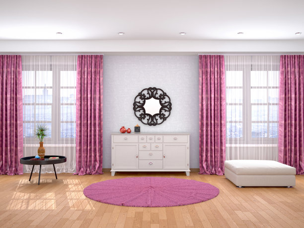 客厅的室内设计采用大窗户和直接窗帘。三维演示图片下载