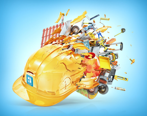 建筑的概念。建筑材料从破头盔里飞了出来。三维演示图片下载