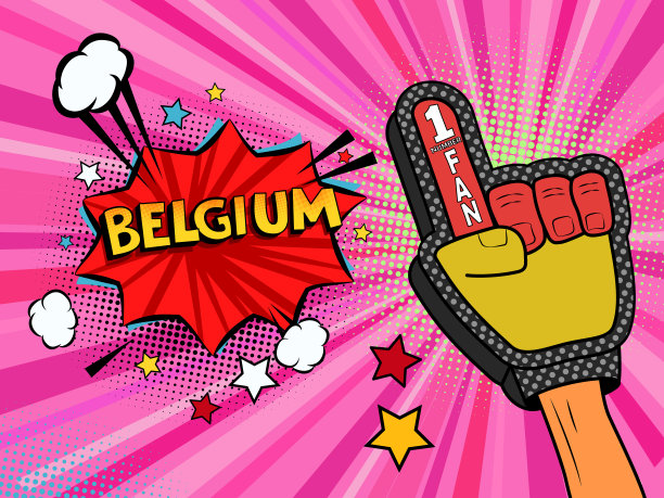 体育迷男性手手套举起庆祝比利时国旗的胜利。比利时语气泡与星星和云。矢量彩色扇形插画图片下载
